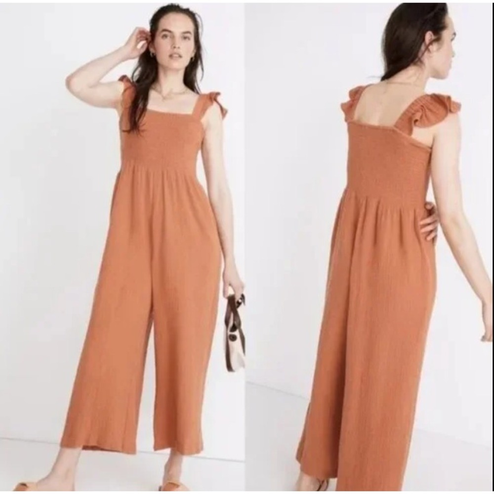 Madewell Lucie Flutter Ruffle Strap Smocked Jumpsuit Orange Cotton 14W